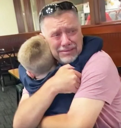 When his young grandson flies 800 miles to surprise him, Grandpa sobs.