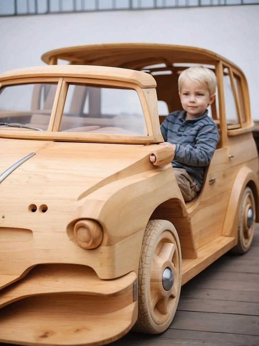 Grandfather created wooden car for grandson..