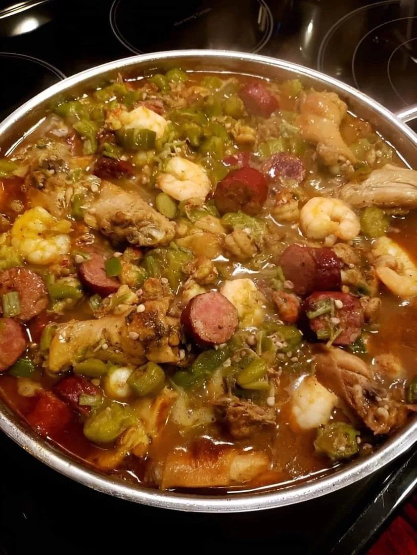 okra stew with chicken, sausage, shrimp and crawfish tails, onion and green peppers