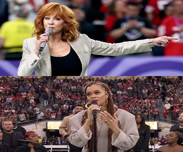 Reba McEntire performs the national anthem as Boo Andra sings the black national anthem at Super Bowl LVIII, the fans cheer!!!!