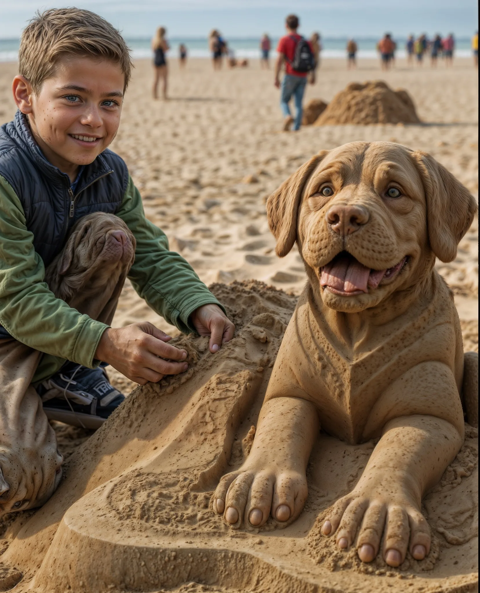 The boy made a dog out of ordinary sand, I hope you like it