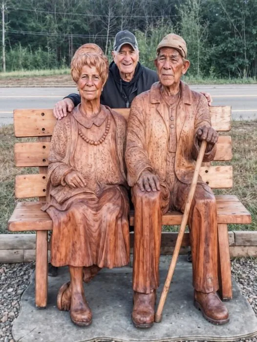 This man created the statue of his mother and father out of wood for 3 years Please rate his work..