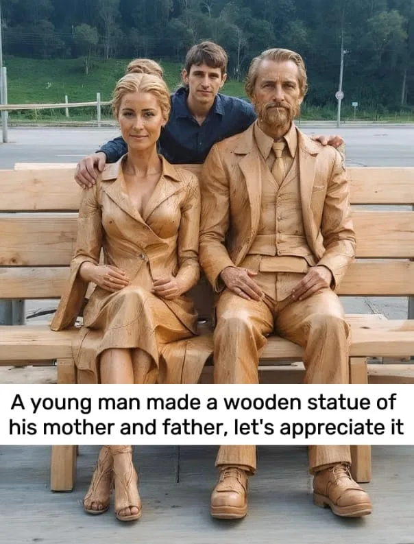 A young man made a wooden statue of his mother and father, let’s appreciate it